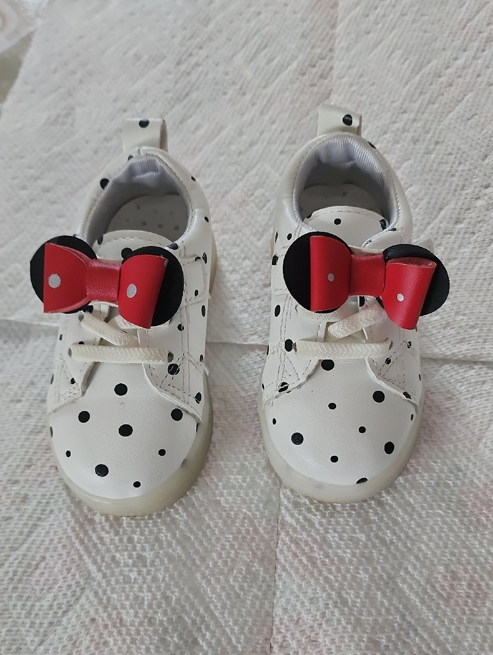 Girls' White Polka Dot Sneakers with Red Bow Accent